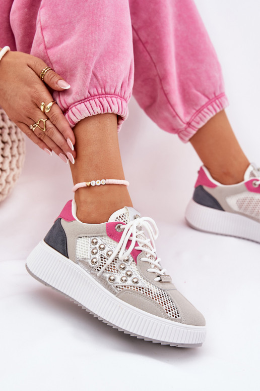 Ladies Sports Shoes With Mesh And Studs Gray Ogalda