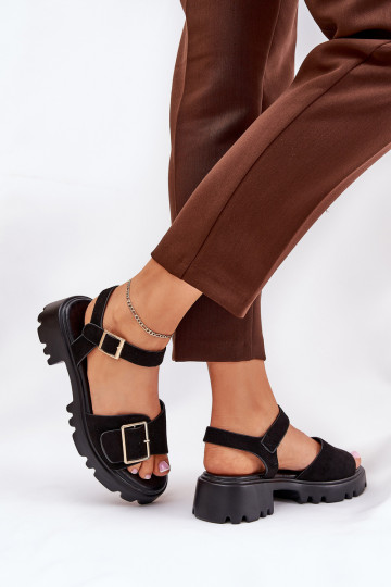 Eco Suede Sandals Women's With Buckle Black Gofielle 2