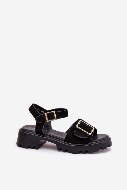Eco Suede Sandals Women's With Buckle Black Gofielle