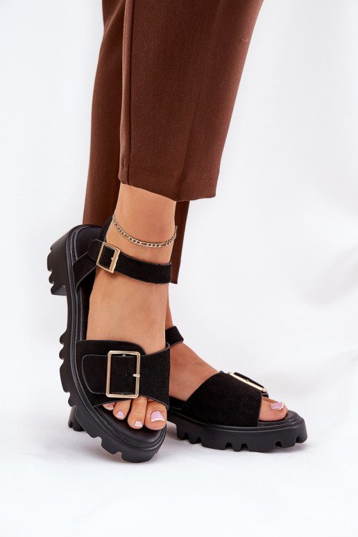 Eco Suede Sandals Women's With Buckle Black Gofielle