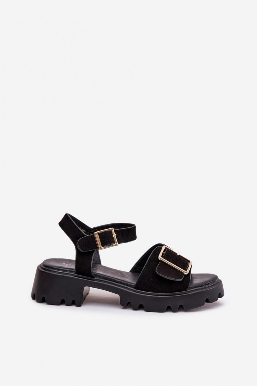 Eco Suede Sandals Women's With Buckle Black Gofielle