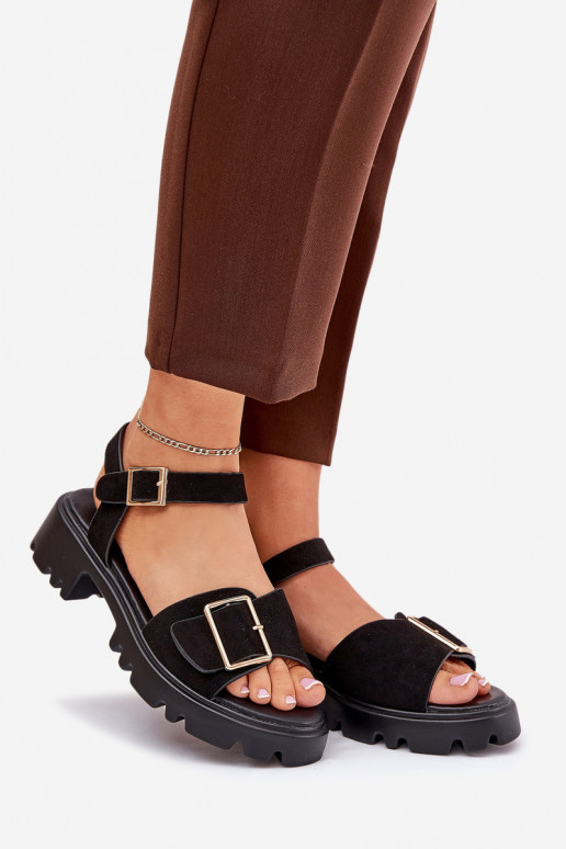 Eco Suede Sandals Women's With Buckle Black Gofielle
