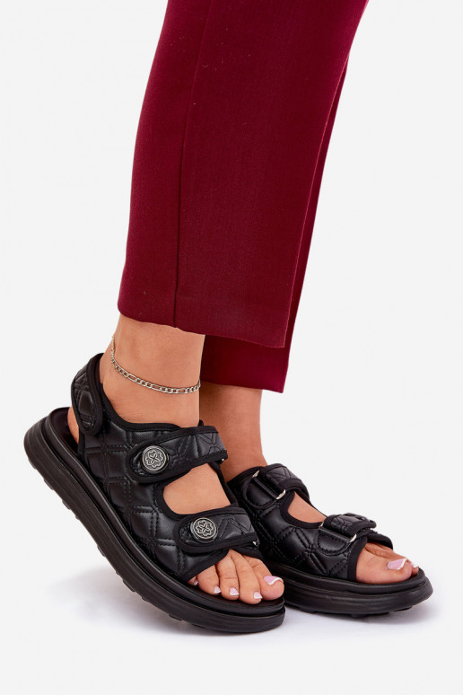 Damskie Sandały Z Ozdobnymi Detalami Na Rzepy Czarne Zoliner