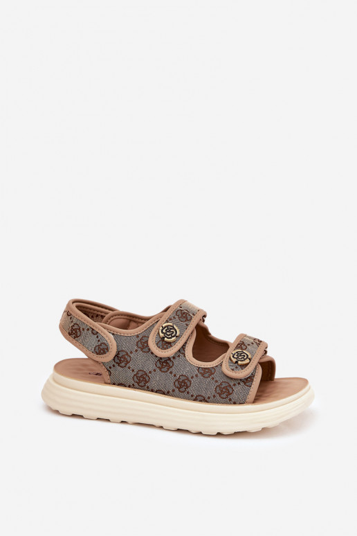 Women's Patterned Fabric Sandals With Golden Details Khaki Pefese