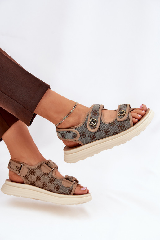 Women's Patterned Fabric Sandals With Golden Details Khaki Pefese