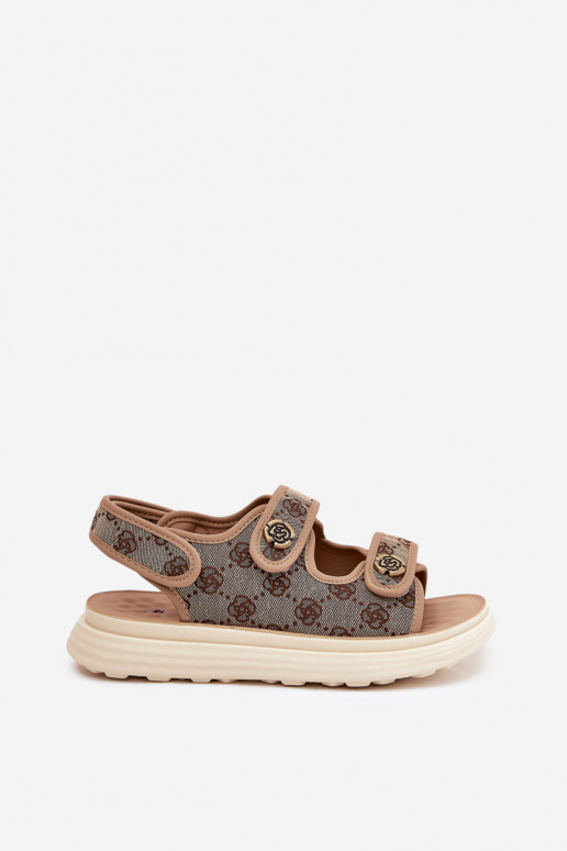 Women's Patterned Fabric Sandals With Golden Details Khaki Pefese