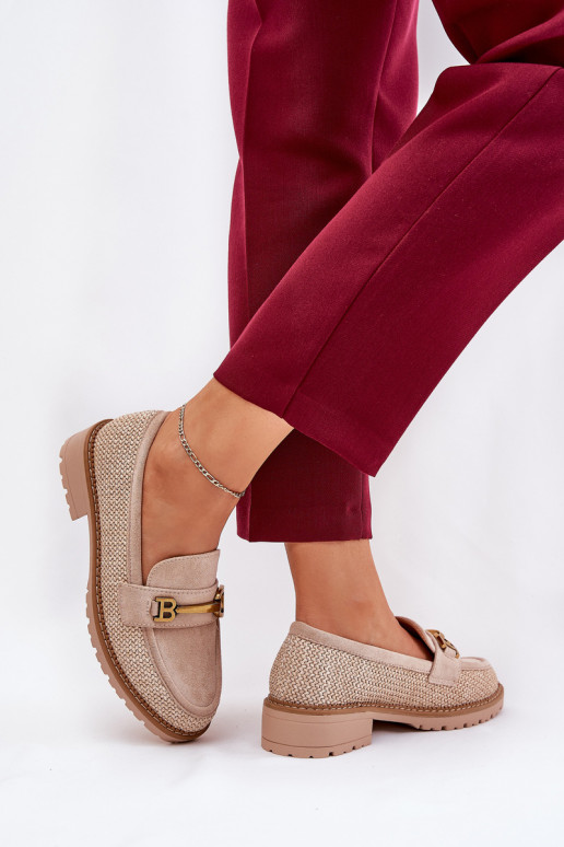 Women s moccasins with braid and gold detail beige Seffolia