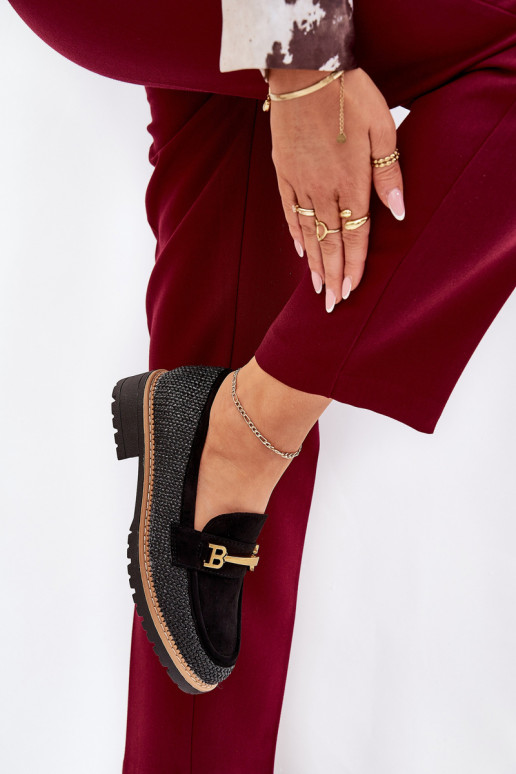 Mokasyny Damskie Z Plecionką I Złotym Detalem Czarne Seffolia