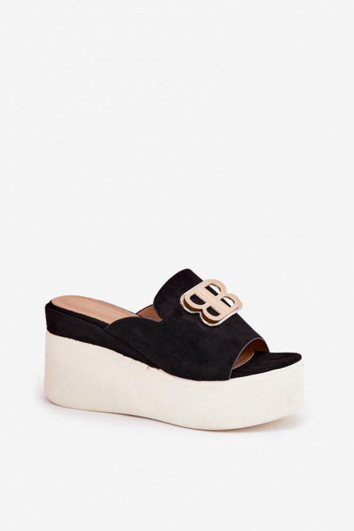 Klapki Na Platformie I Koturnie Z Ozdobą Czarne Tanonea Klapki Na Platformie I Koturnie Z Ozdobą Czarne Tanonea