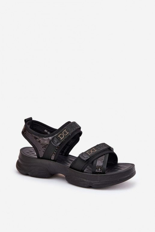 Ladies Sandals With Sequins With Velcro Black Gonev Ladies Sandals With Sequins With Velcro Black Gonev