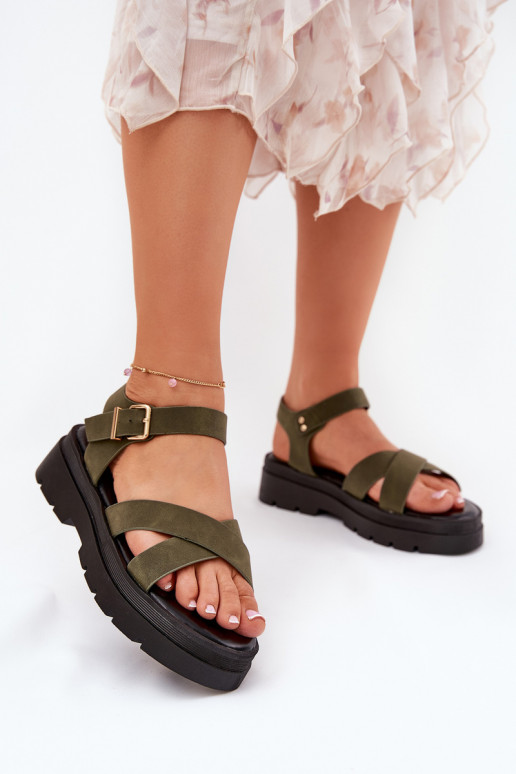 Ladies platform sandals made of eco leather dark green Gevinniser