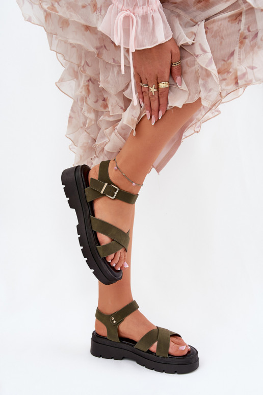 Ladies platform sandals made of eco leather dark green Gevinniser