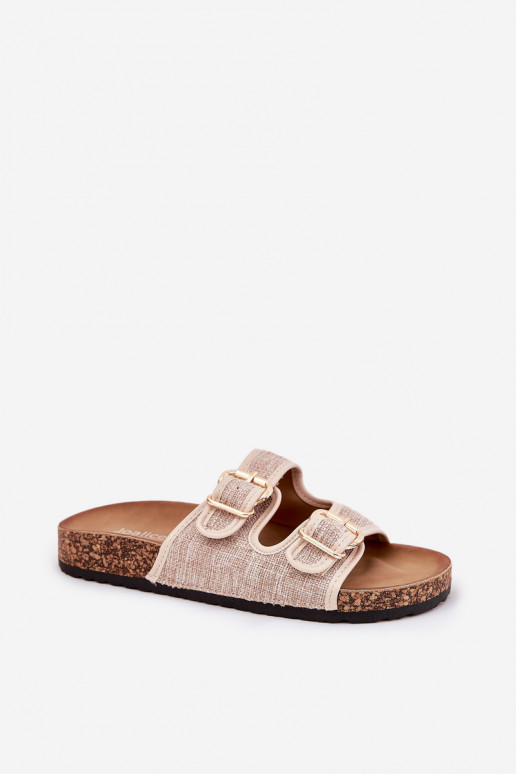 Women'S Fabric Slippers On Cork Platform With Buckles Beige Osoffe