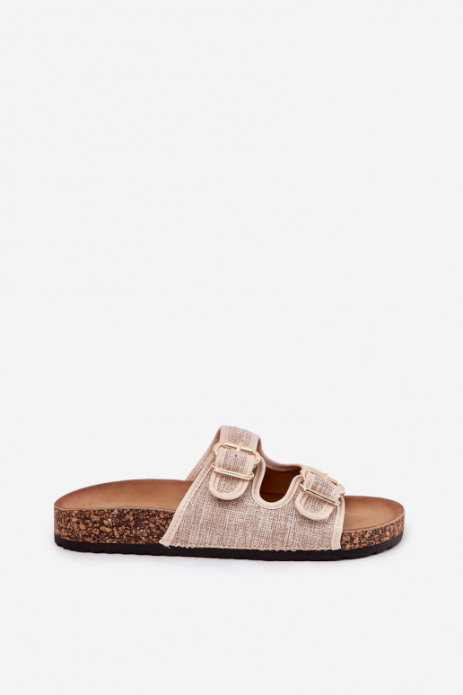 Women'S Fabric Slippers On Cork Platform With Buckles Beige Osoffe