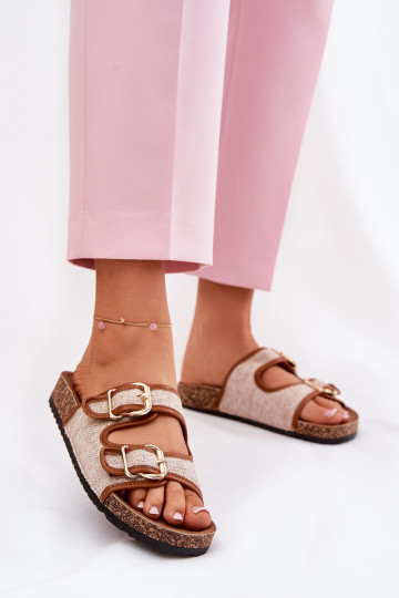 Fabric Women's Slippers on Cork Platform with Buckles Camel Osoffe 2