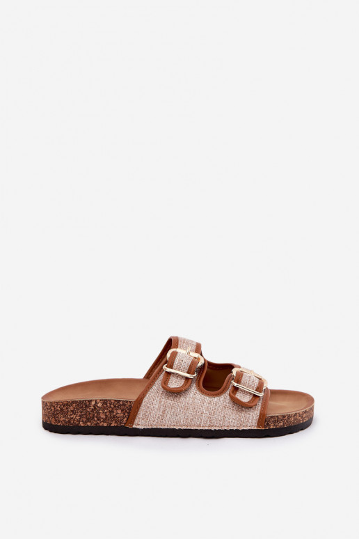 Fabric Women's Slippers on Cork Platform with Buckles Camel Osoffe