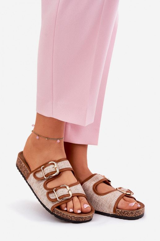 Fabric Women's Slippers on Cork Platform with Buckles Camel Osoffe
