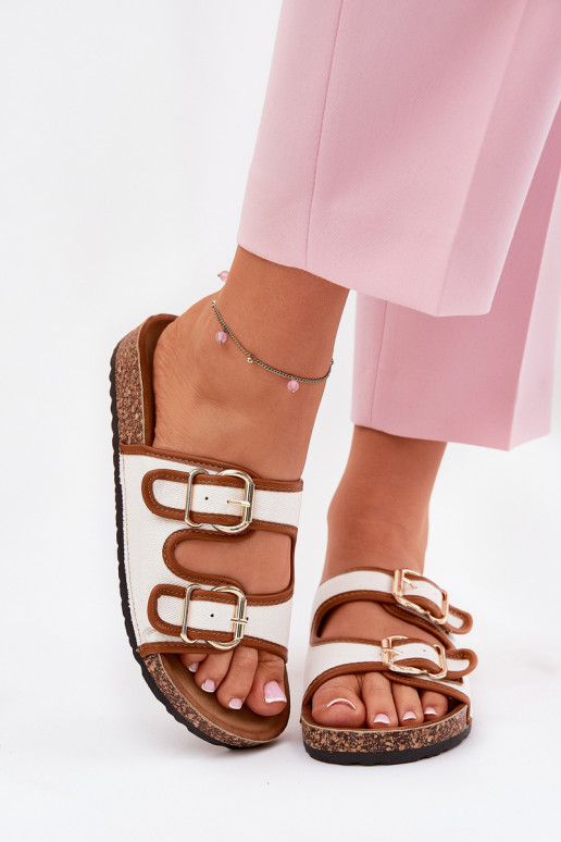 Materiałowe Klapki Damskie Na Korkowej Platformie Z Klamrami Białe Osoffe