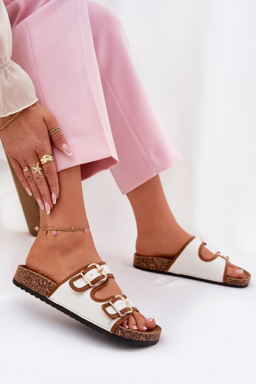 Women's Fabric Slippers On Cork Platform With Buckles White Osoffe