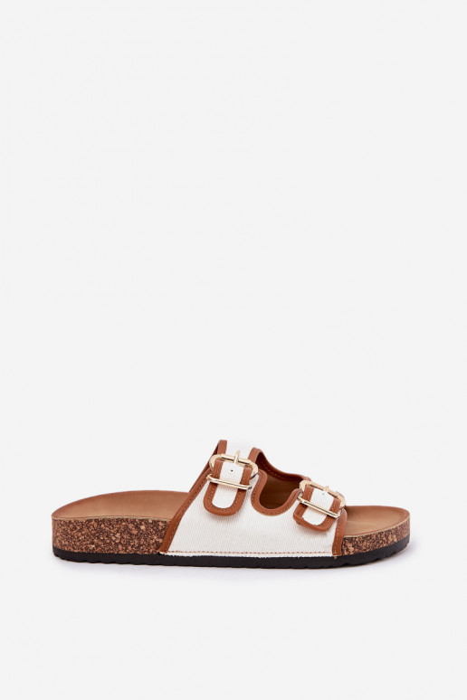 Women's Fabric Slippers On Cork Platform With Buckles White Osoffe