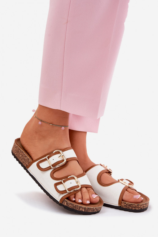 Women's Fabric Slippers On Cork Platform With Buckles White Osoffe