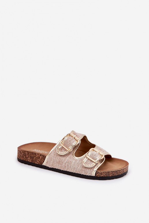 Women's Fabric Slippers On Cork Platform With Buckles Gold Osoffe
