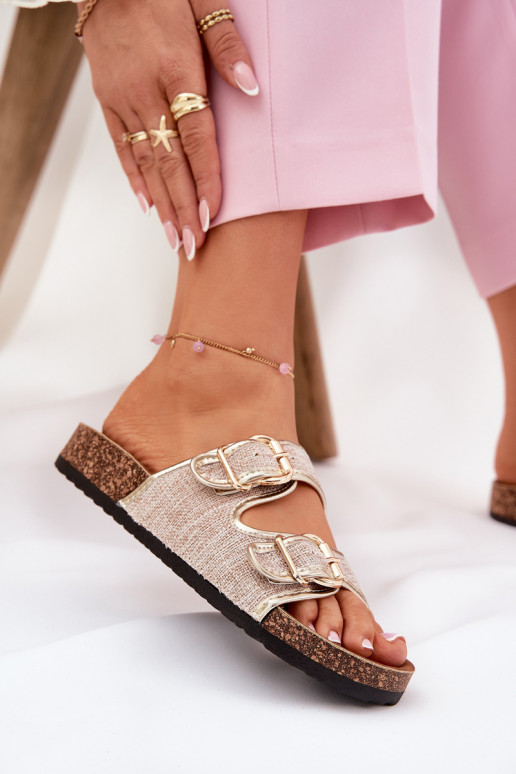Women's Fabric Slippers On Cork Platform With Buckles Gold Osoffe