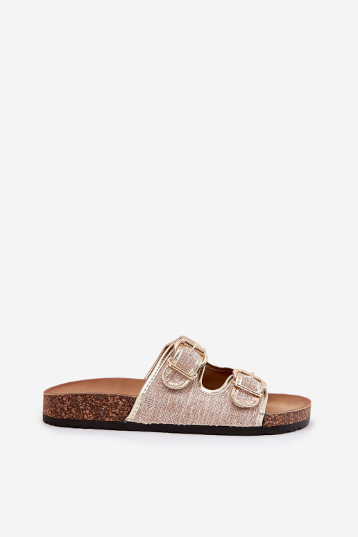 Women's Fabric Slippers On Cork Platform With Buckles Gold Osoffe