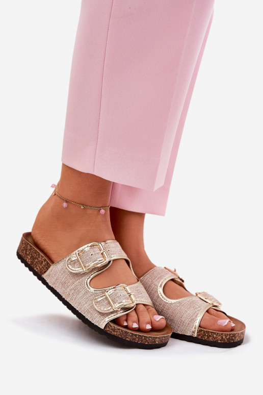 Women's Fabric Slippers On Cork Platform With Buckles Gold Osoffe