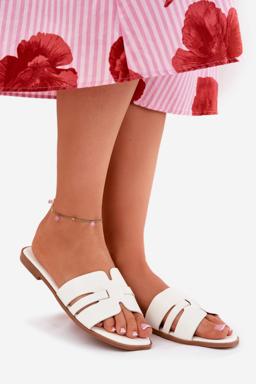 Klapki Damskie Na Płaskim Obcasie Z Wycięciami Eko Skórzane Białe Ecapus