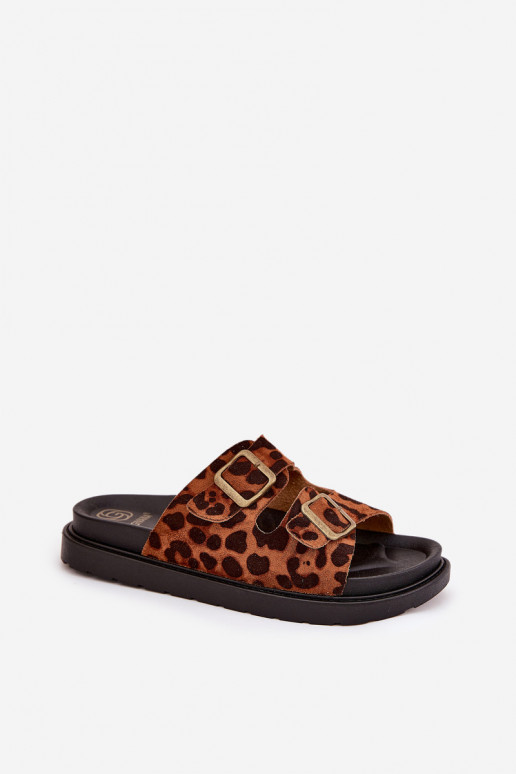 Women's Platform Slides With Leopard Print And Buckles Brown Simbes