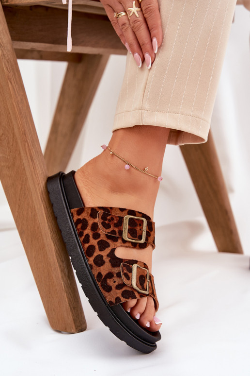 Women's Platform Slides With Leopard Print And Buckles Brown Simbes
