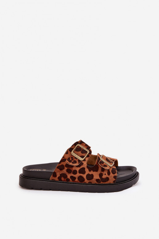 Women's Platform Slides With Leopard Print And Buckles Brown Simbes