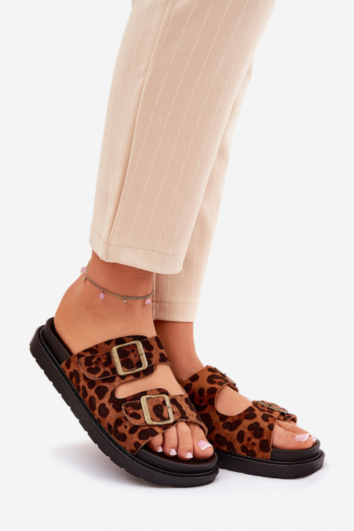 Women's Platform Slides With Leopard Print And Buckles Brown Simbes