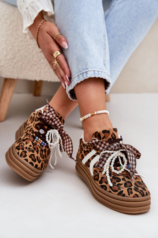 Women's sneakers in leopard print on platform with decorations brown Vinness