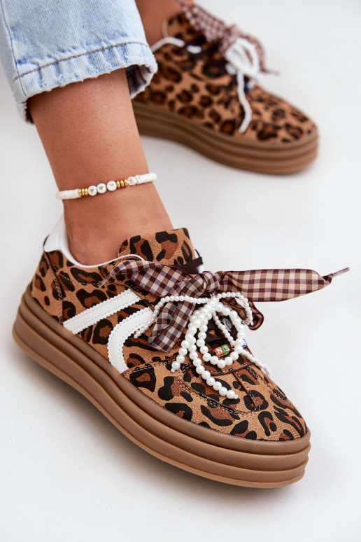 Women's sneakers in leopard print on platform with decorations brown Vinness