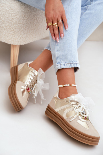 Sneakersy Damskie Na Platformie Z Ozdobami Beżowo-Złote Vinness