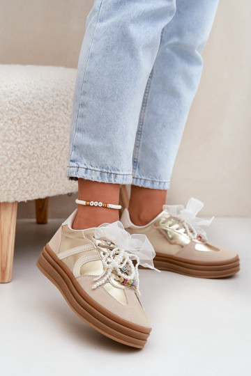 Sneakersy Damskie Na Platformie Z Ozdobami Beżowo-Złote Vinness 2