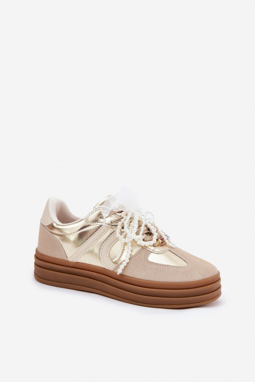 Women's Platform Sneakers With Decorations Beige-Gold Vinness Women's Platform Sneakers With Decorations Beige-Gold Vinness