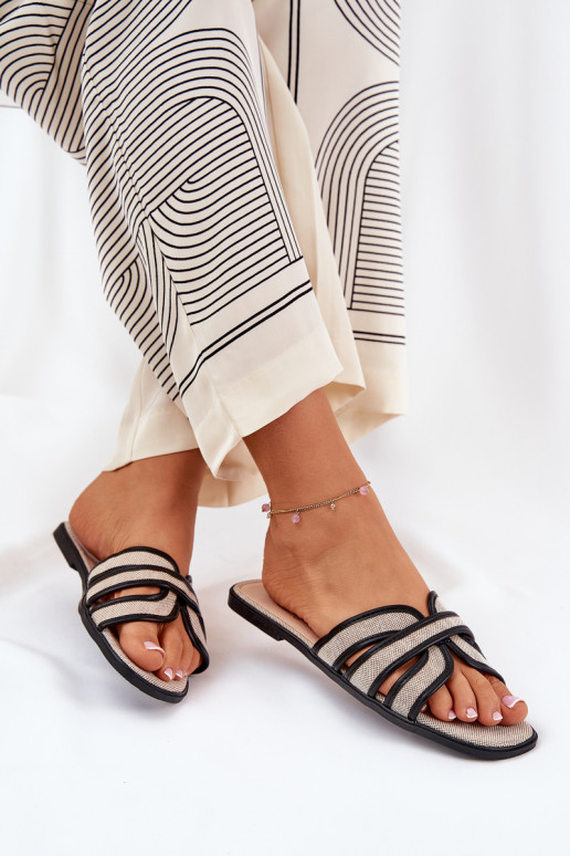 Klasyczne Klapki Damskie Płaskie Beżowo-Czarne Scazze