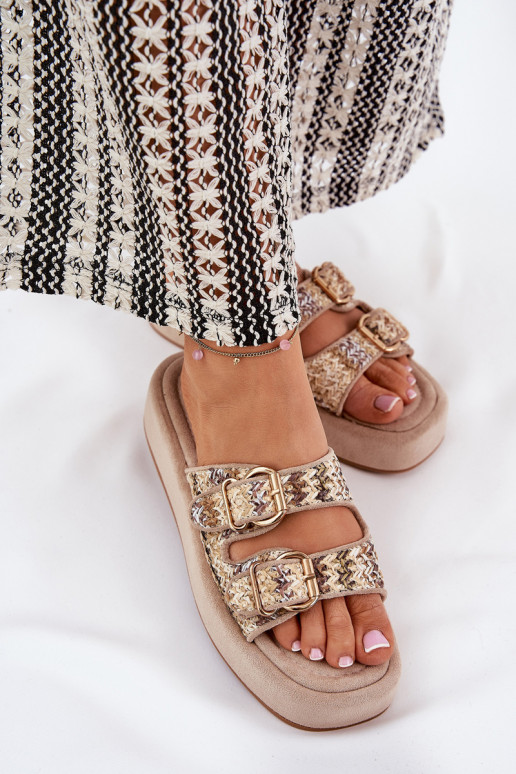 Women's Platform Sandals With Buckles And Weaving Khaki Limme