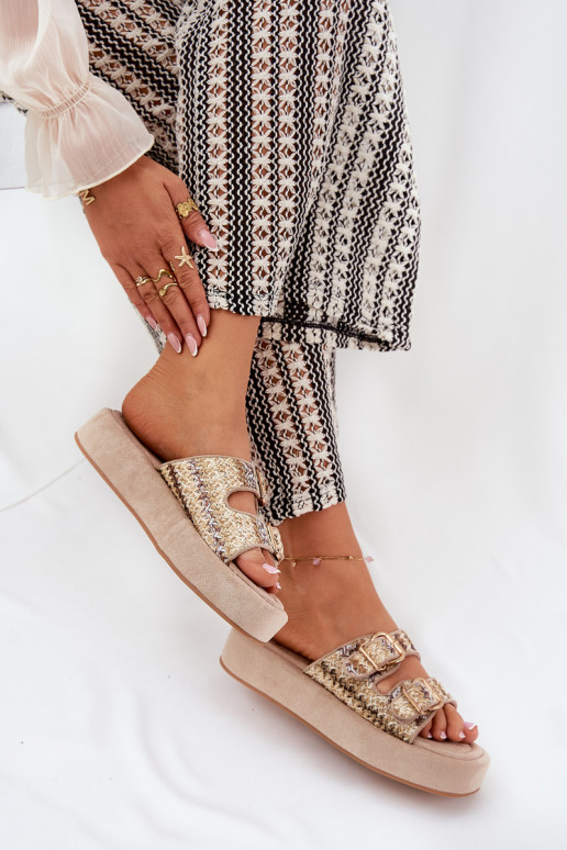 Women's Platform Sandals With Buckles And Weaving Khaki Limme