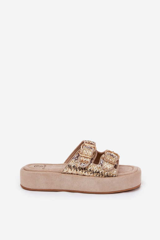 Women's Platform Sandals With Buckles And Weaving Khaki Limme