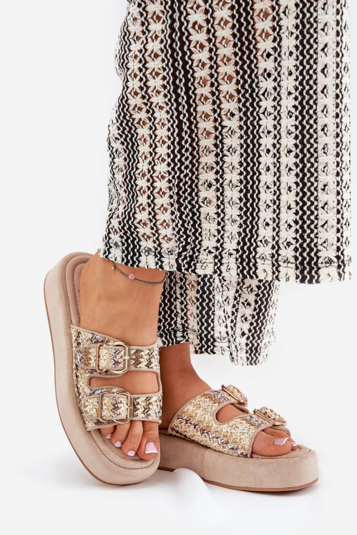 Women's Platform Sandals With Buckles And Weaving Khaki Limme