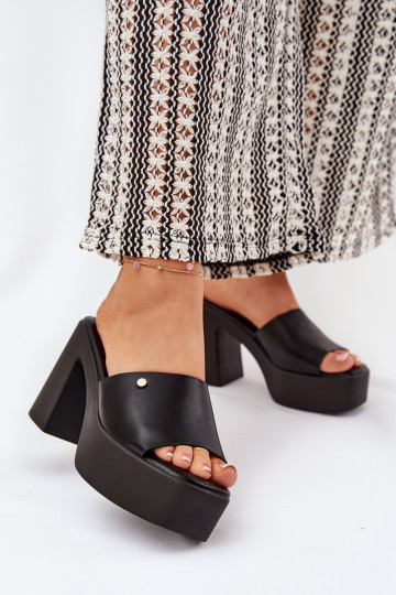 Women's Eco Leather Slide Sandals With Heel And Platform Black Tamirella 2