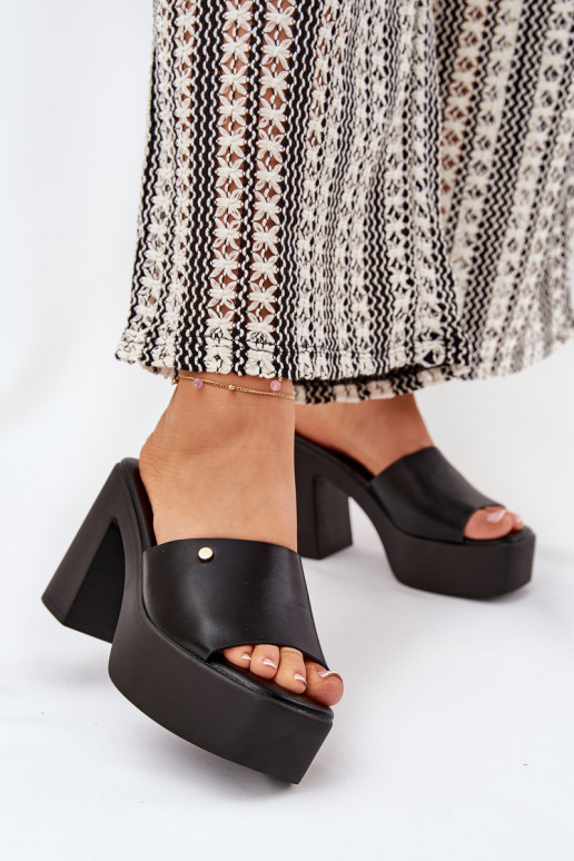 Women's Eco Leather Slide Sandals With Heel And Platform Black Tamirella