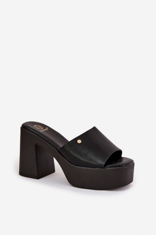 Women's Eco Leather Slide Sandals With Heel And Platform Black Tamirella