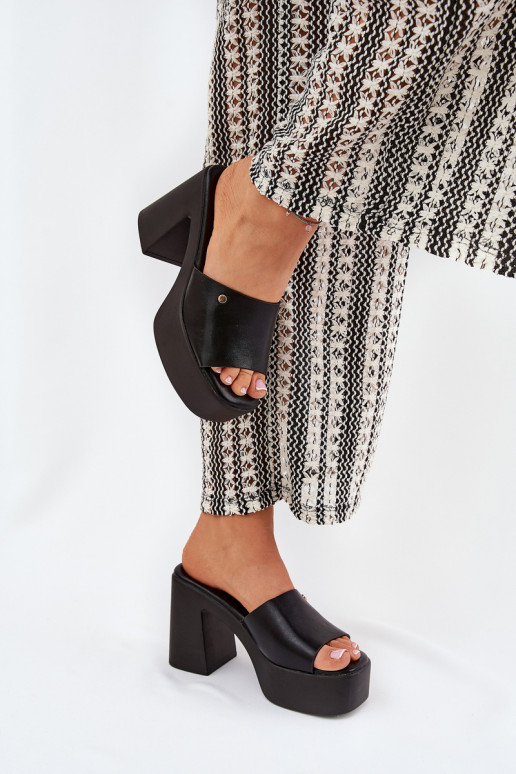 Women's Eco Leather Slide Sandals With Heel And Platform Black Tamirella