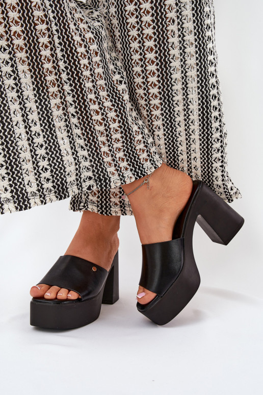 Women's Eco Leather Slide Sandals With Heel And Platform Black Tamirella