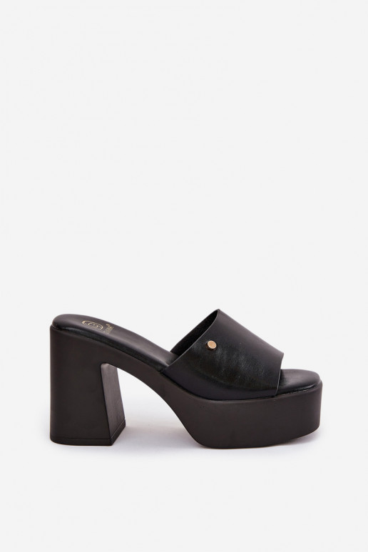 Women's Eco Leather Slide Sandals With Heel And Platform Black Tamirella